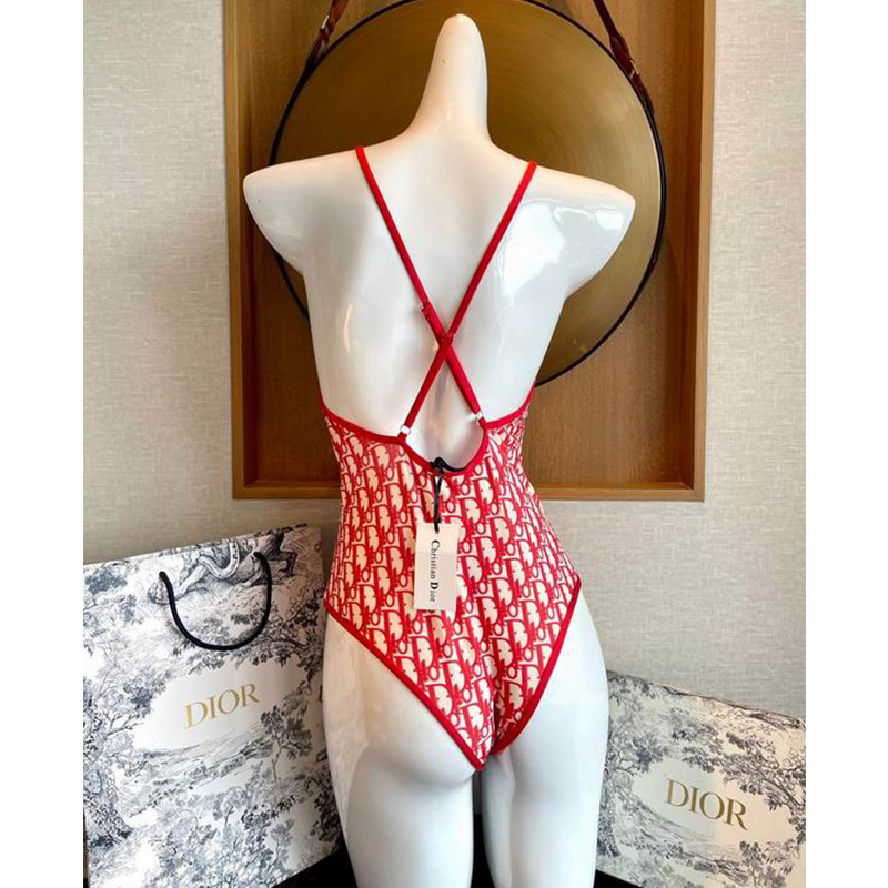 Dior Crisscross Swimsuit Women Oblique with Bee CD Print Nylon Red