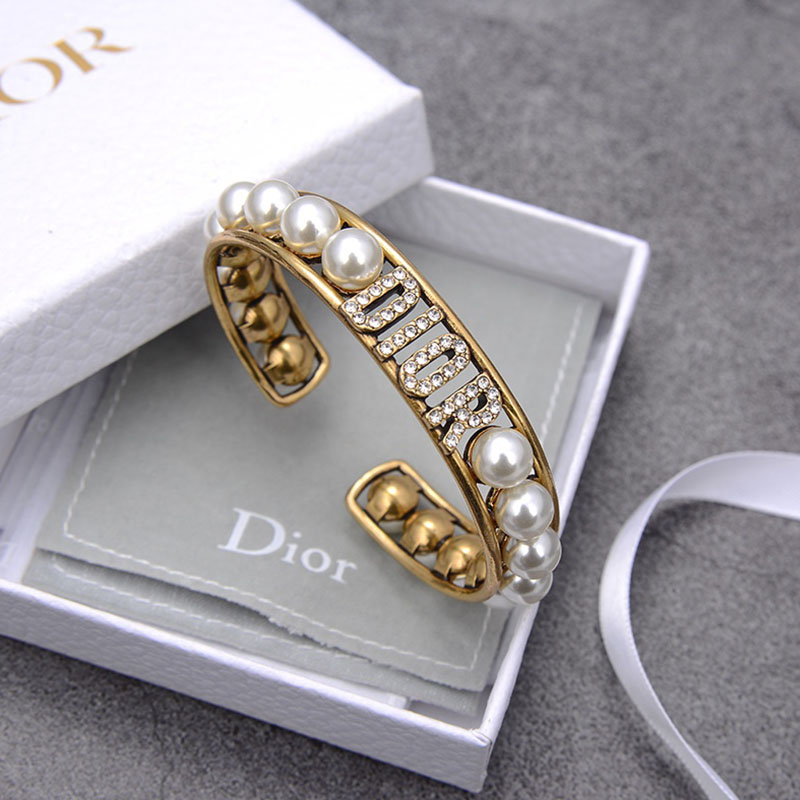 Dior Cuff Bracelet Antique Metal with White Resin Pearls and White Crystals Gold