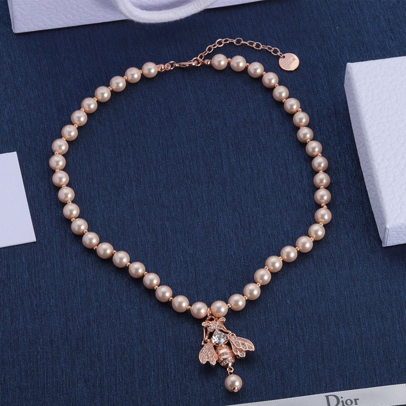 Dior D-Bee Necklace Metal with Pearls and Crystals Pink