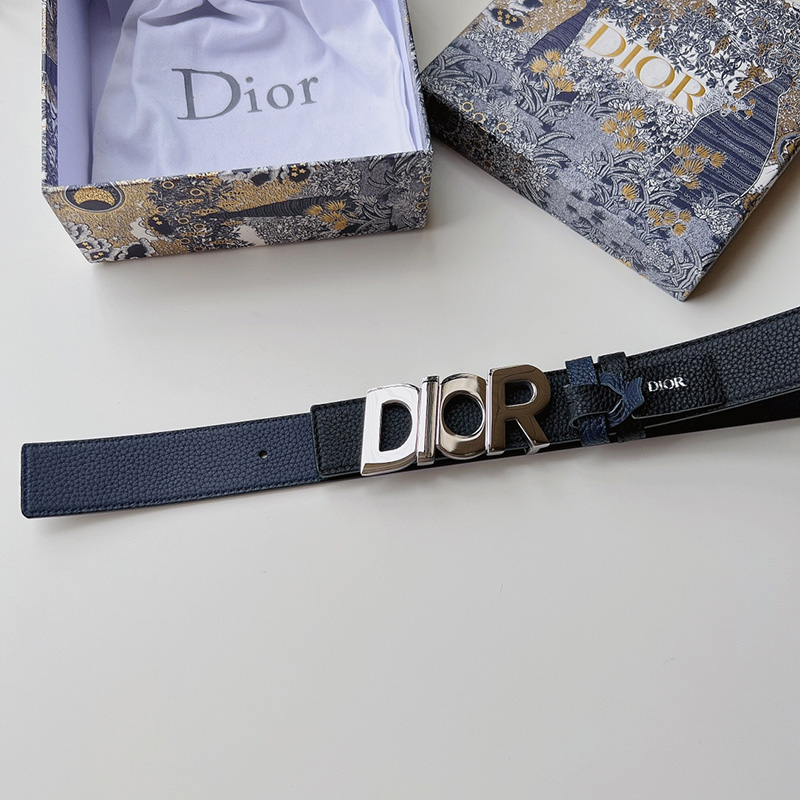 Dior Italic Buckle Reversible Belt Grained Calfskin Blue