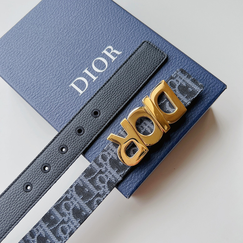 Dior Italic Buckle Reversible Belt Oblique Motif Canvas Navy Blue