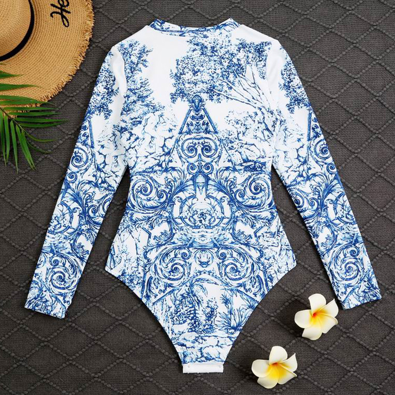 Dior Long Sleeve Bodysuit Women Around The World Print Lycra Blue