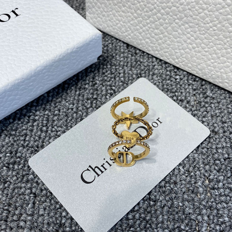 Dior Open Chain Knuckle Ring Set Metal and White Crystals Gold