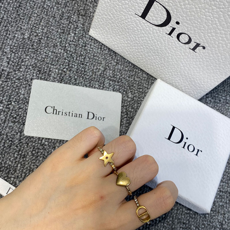 Dior Open Chain Knuckle Ring Set Metal and White Crystals Gold