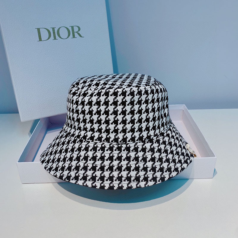 Dior Reversible Bucket Hat Safety Pin Logo Houndstooth Cotton Black