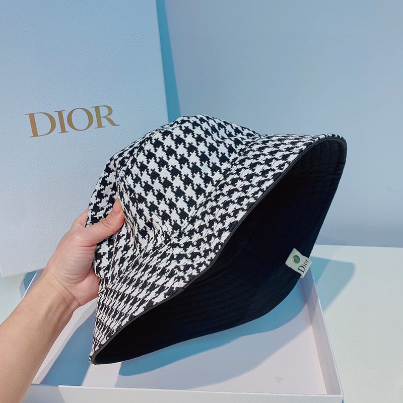 Dior Reversible Bucket Hat Safety Pin Logo Houndstooth Cotton Black