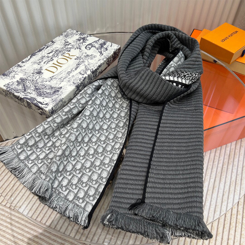 Dior Reversible Scarf University Oblique Silk and Wool Grey