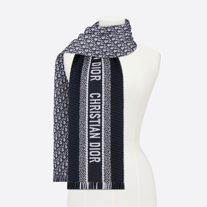 Dior Reversible Scarf University Oblique Silk and Wool Navy Blue