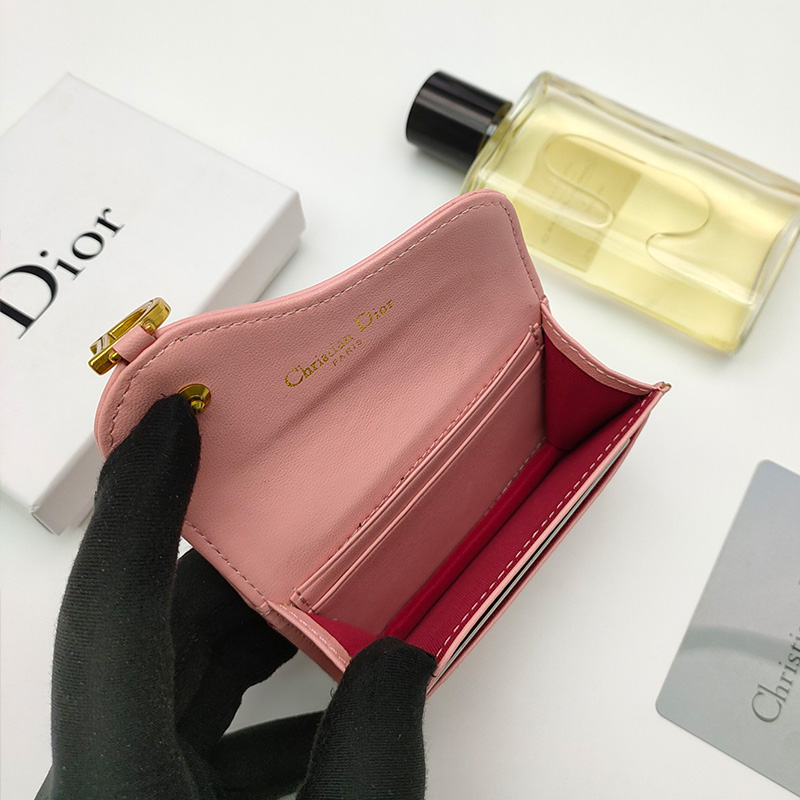 Dior Saddle Flap Card Holder Goatskin Pink