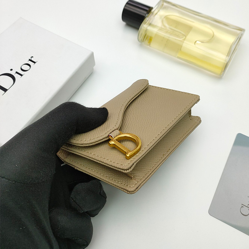 Dior Saddle Flap Card Holder Grained Calfskin Khaki