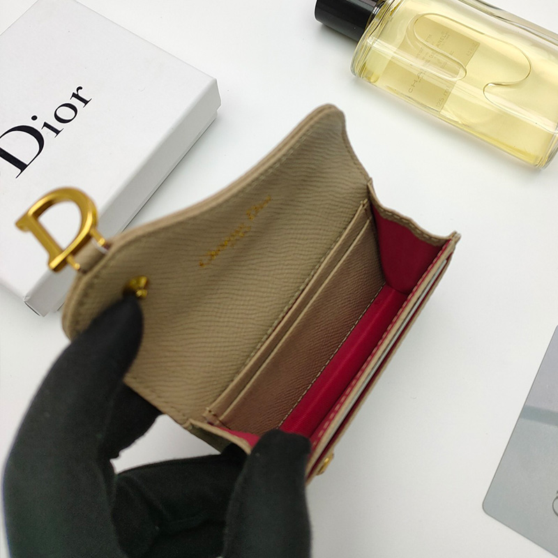 Dior Saddle Flap Card Holder Grained Calfskin Khaki