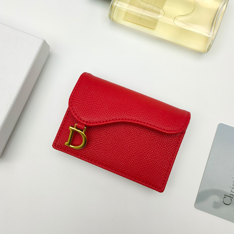 Dior Saddle Flap Card Holder Grained Calfskin Red