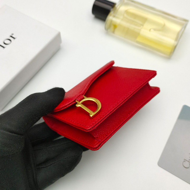 Dior Saddle Flap Card Holder Grained Calfskin Red