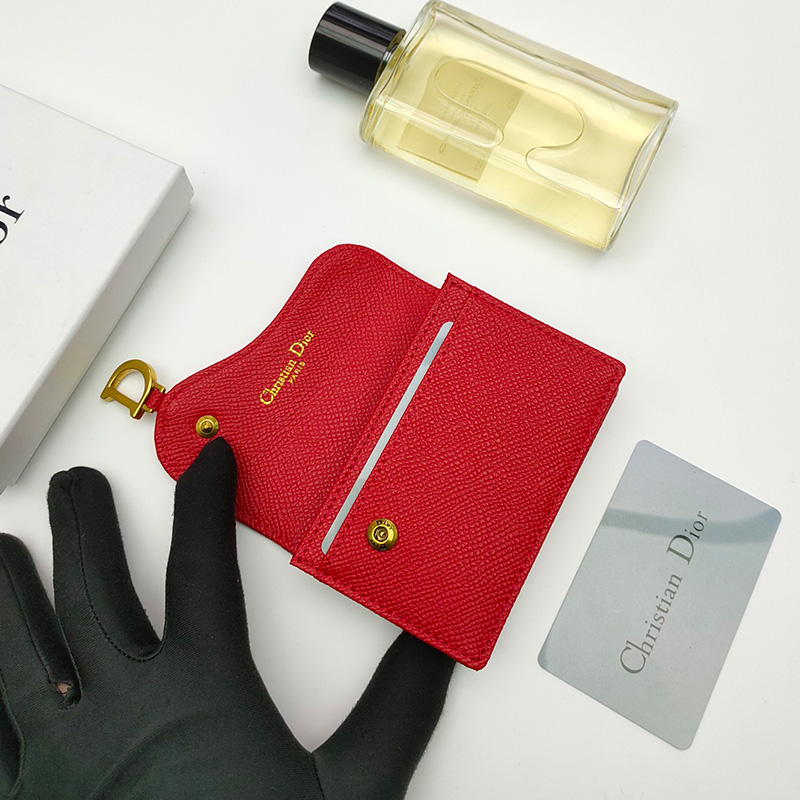 Dior Saddle Flap Card Holder Grained Calfskin Red