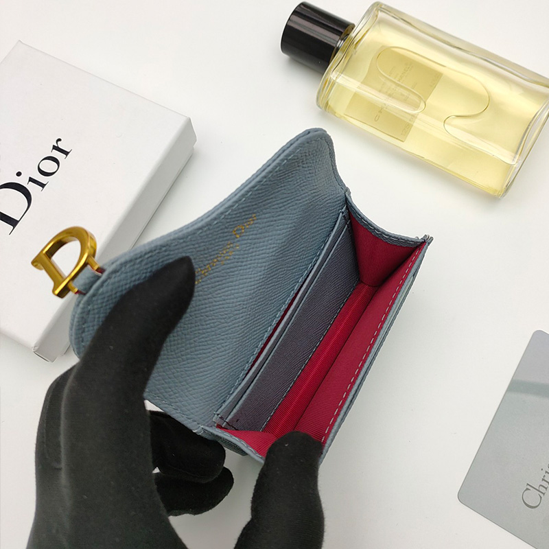 Dior Saddle Flap Card Holder Grained Calfskin Sky Blue