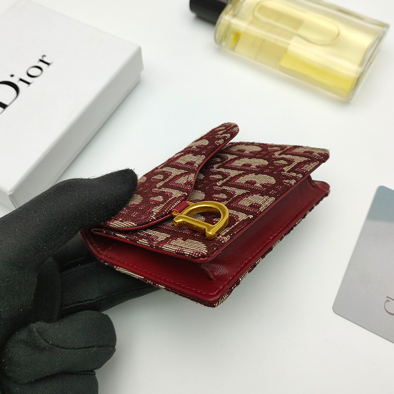 Dior Saddle Flap Card Holder Oblique Motif Canvas Burgundy