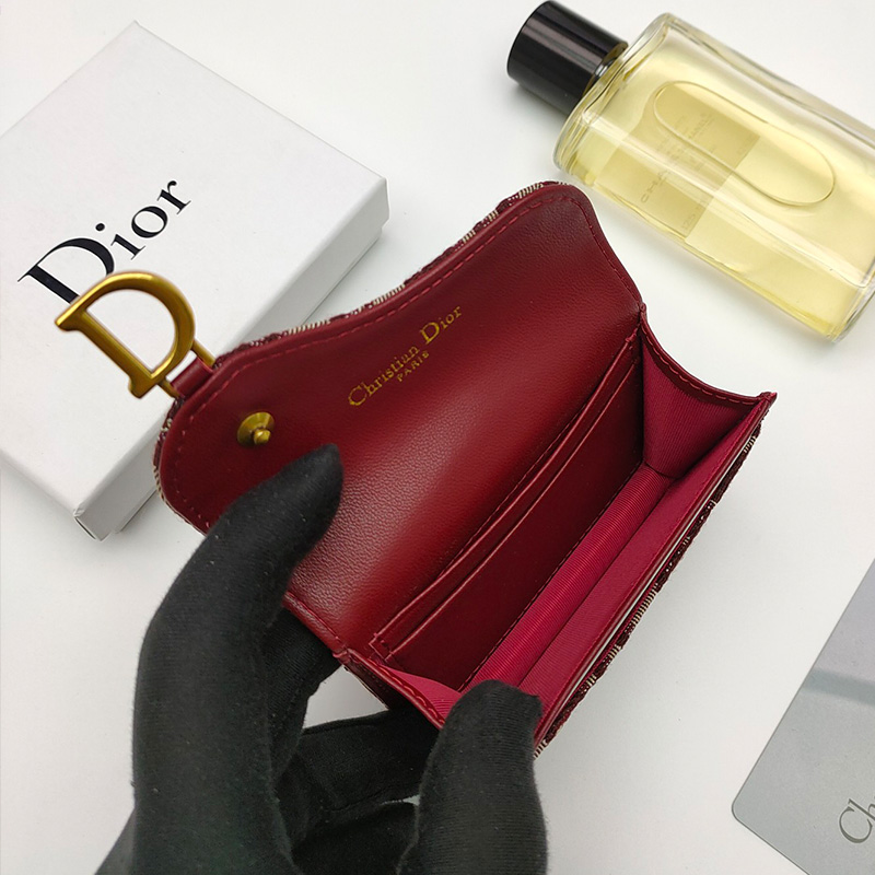 Dior Saddle Flap Card Holder Oblique Motif Canvas Burgundy