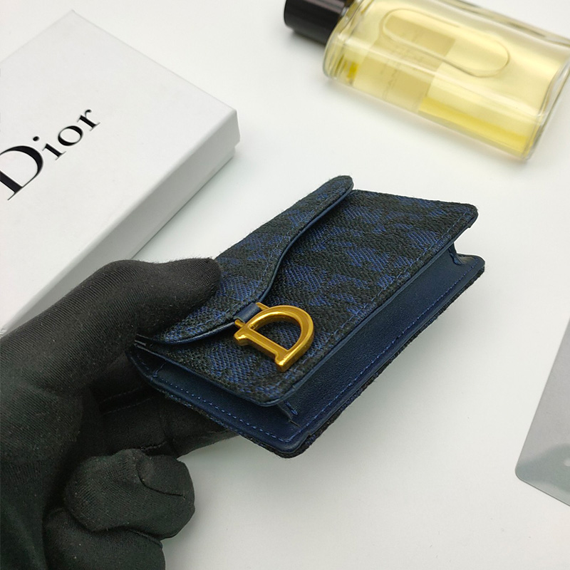 Dior Saddle Flap Card Holder Oblique Motif Canvas Navy Blue