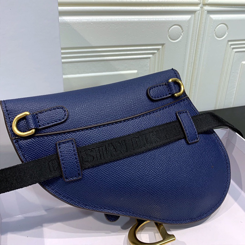 Dior Saddle Flat Belt Pouch Grained Calfskin Blue