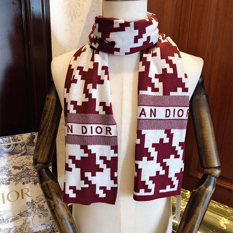 Dior Scarf Macro Houndstooth Technical Cashmere and Wool Burgundy