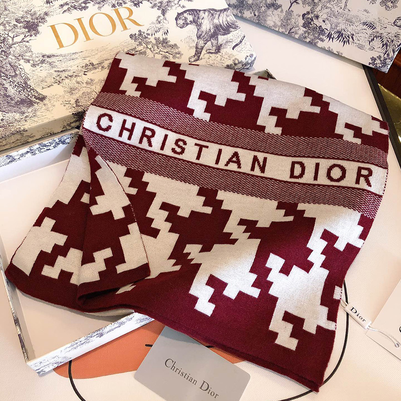 Dior Scarf Macro Houndstooth Technical Cashmere and Wool Burgundy