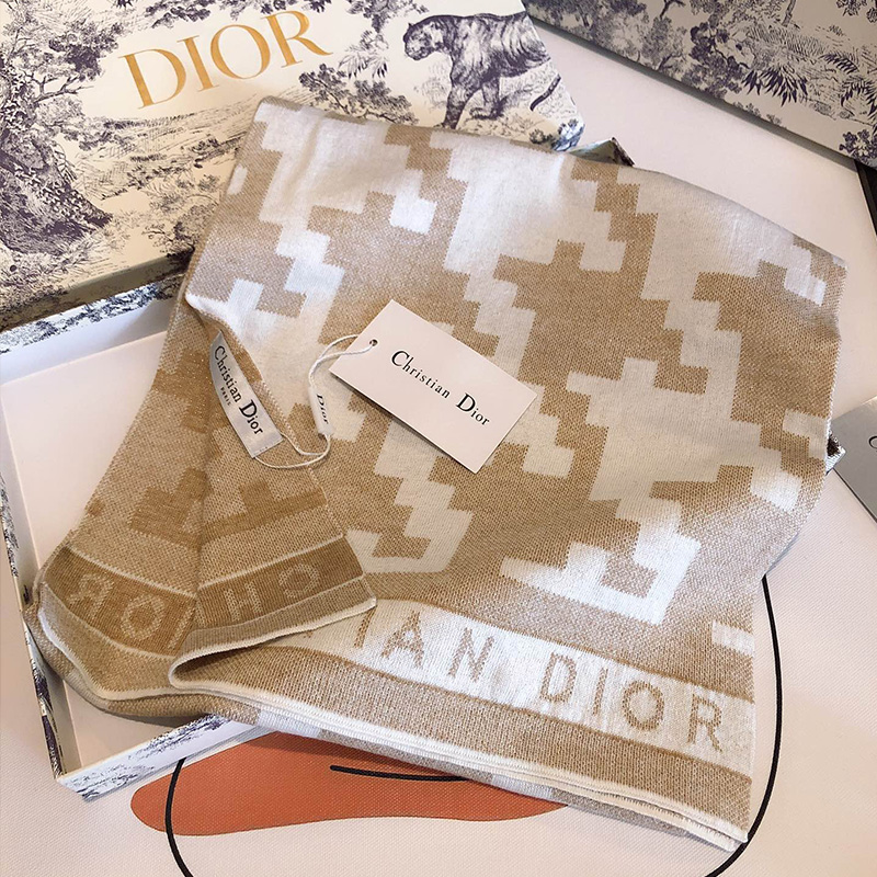 Dior Scarf Macro Houndstooth Technical Cashmere and Wool Khaki