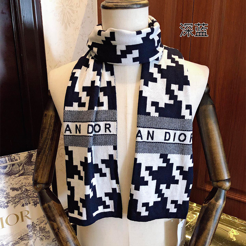 Dior Scarf Macro Houndstooth Technical Cashmere and Wool Navy Blue