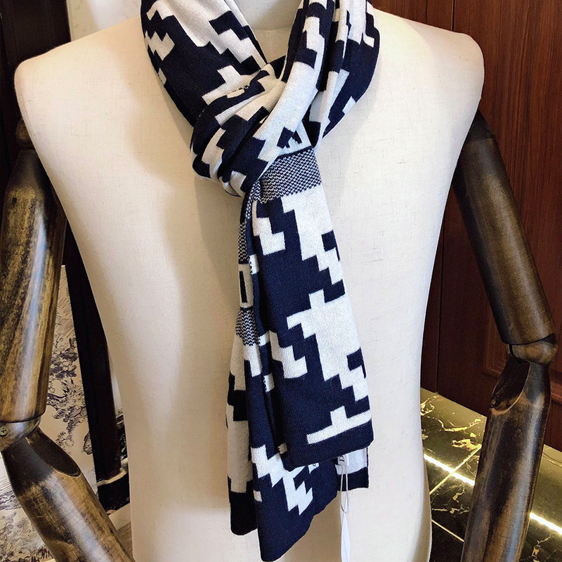 Dior Scarf Macro Houndstooth Technical Cashmere and Wool Navy Blue