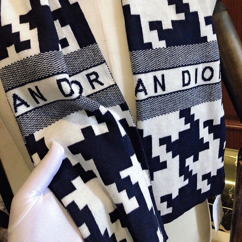 Dior Scarf Macro Houndstooth Technical Cashmere and Wool Navy Blue