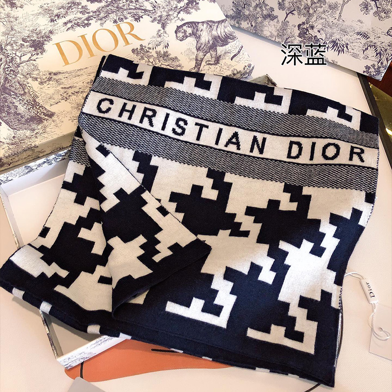 Dior Scarf Macro Houndstooth Technical Cashmere and Wool Navy Blue