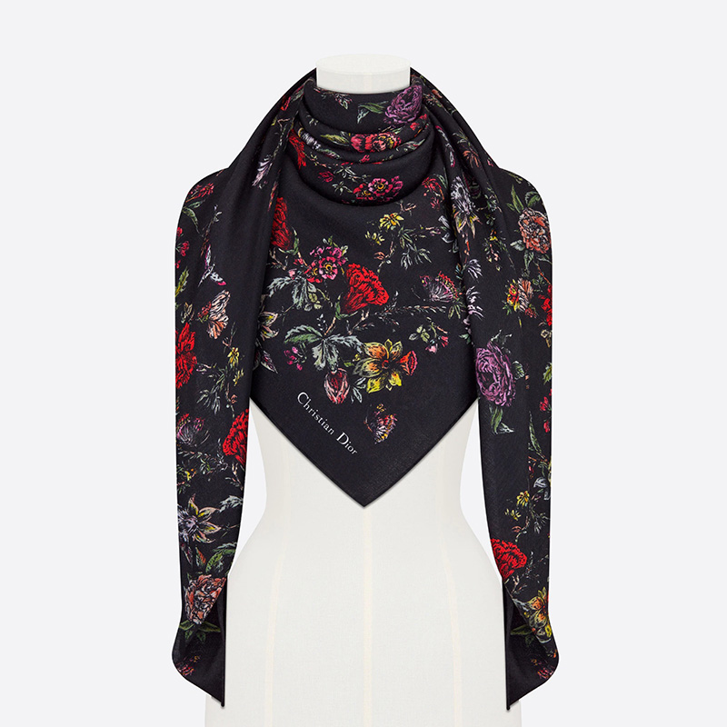 Dior Shawl Jardin Botanique Silk/ Wool and Cashmere Black