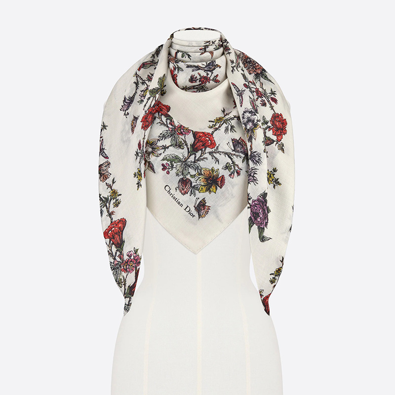 Dior Shawl Jardin Botanique Silk/ Wool and Cashmere White