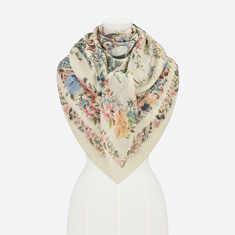 Dior Shawl Jardin d'Hiver Cashmere and Silk White