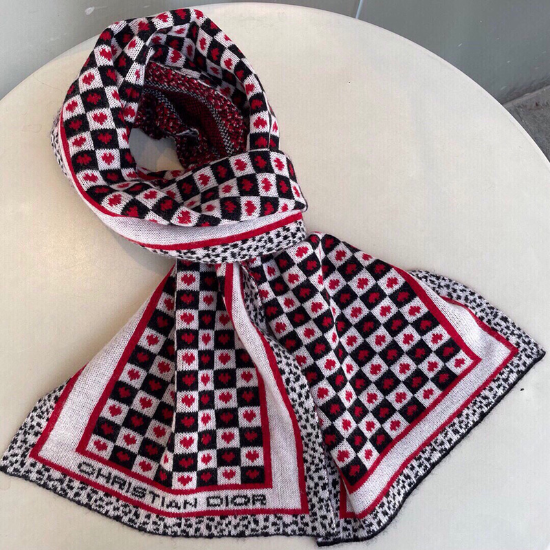 Dior Stole Dioramour D-Chess Hearts Wool Red