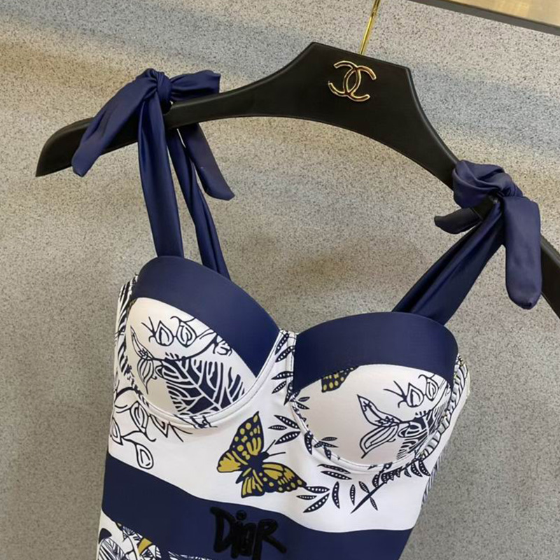 Dior Tie Shoulder Swimsuit Women Tiger Butterfly Print with Logo Lycra Blue