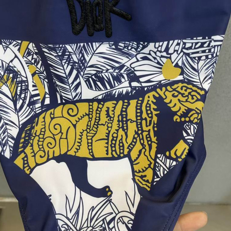 Dior Tie Shoulder Swimsuit Women Tiger Butterfly Print with Logo Lycra Blue