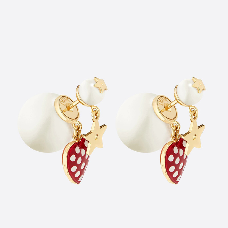 Dior Tribales Dioramour Earrings Metal/ White Resin Pearls and Red Lacquer with White Polka Dots Gold