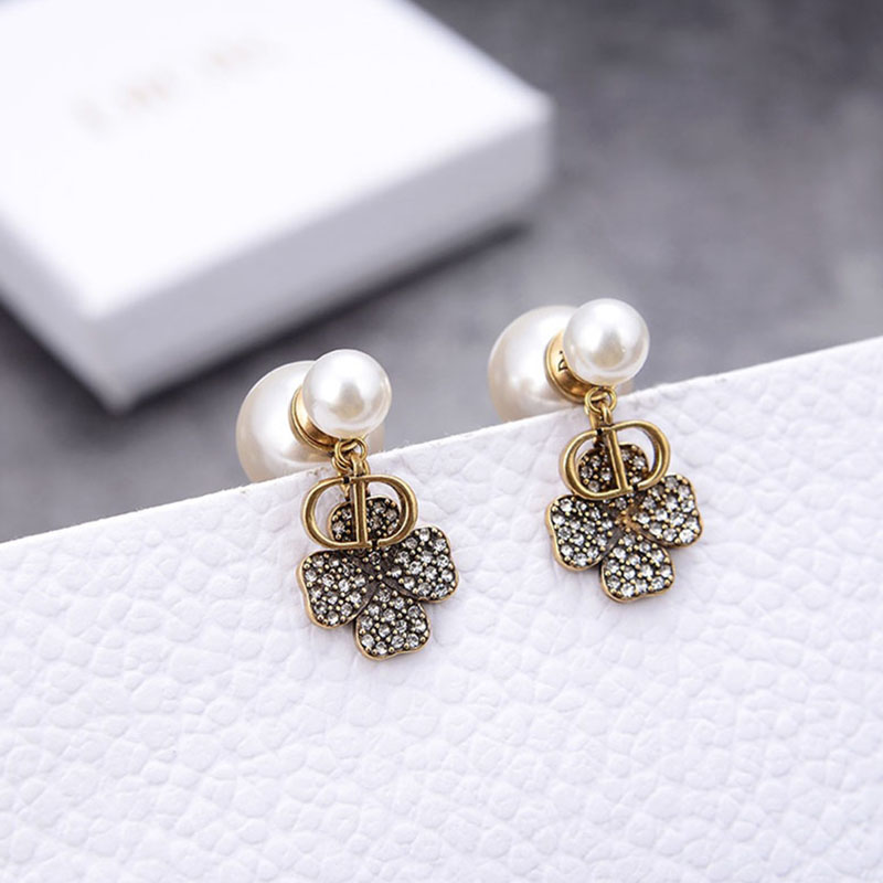 Dior Tribales Earrings Antique CD/ White Resin Pearls And White Four-Leaf Clover Gold