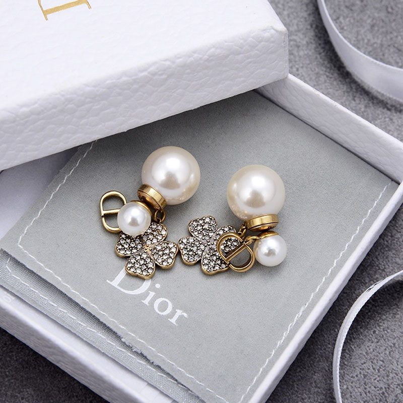 Dior Tribales Earrings Antique CD/ White Resin Pearls And White Four-Leaf Clover Gold