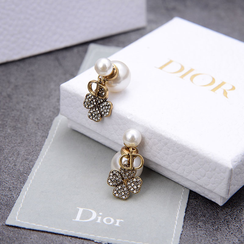 Dior Tribales Earrings Antique CD/ White Resin Pearls And White Four-Leaf Clover Gold