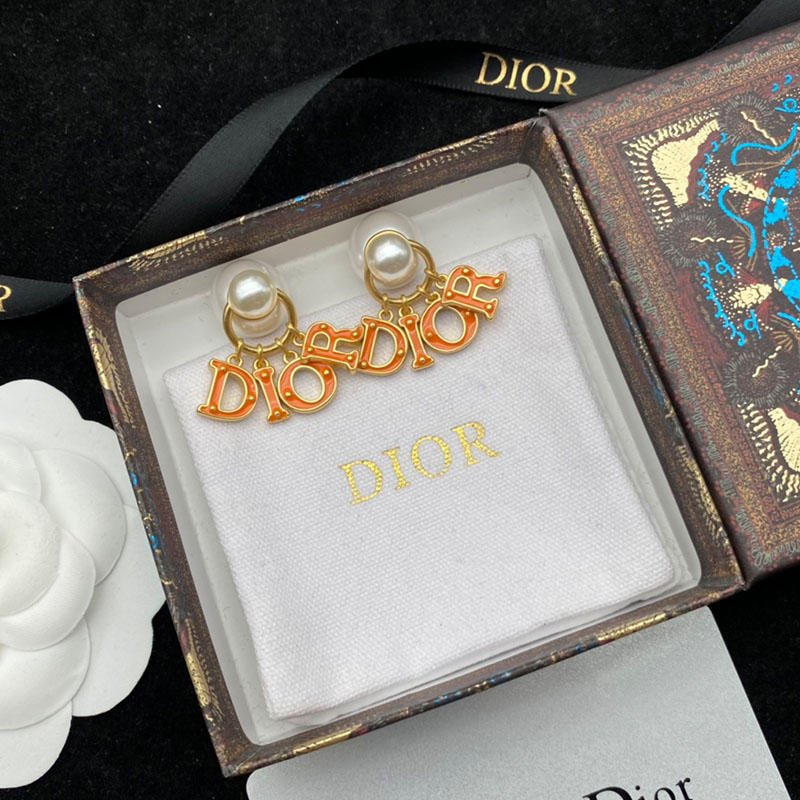 Dior Tribales Earrings Metal/ Orange Transparent Resin And White Resin Pearl Gold
