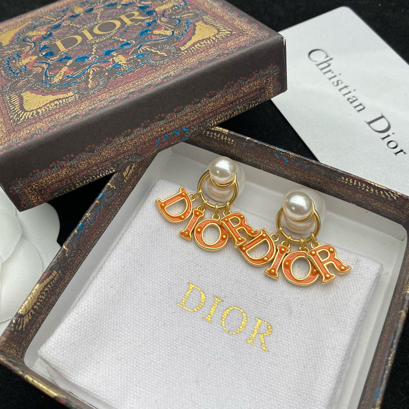 Dior Tribales Earrings Metal/ Orange Transparent Resin And White Resin Pearl Gold