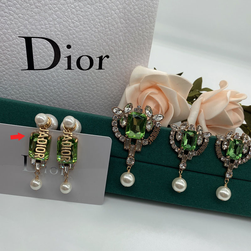 Dior Tribales Earrings Metal/ White Resin Pearls with Green and Silver Crystals Gold