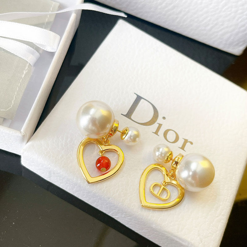 Dior Tribales Earrings Metal/ White Resin Pearls And A Red Glass Pearl Gold