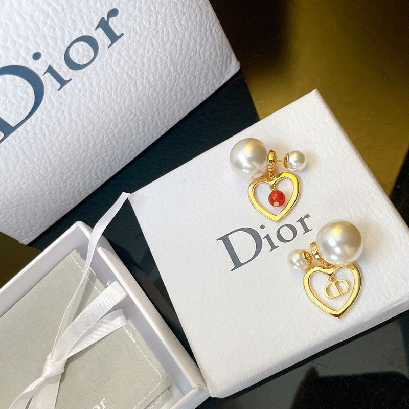 Dior Tribales Earrings Metal/ White Resin Pearls And A Red Glass Pearl Gold