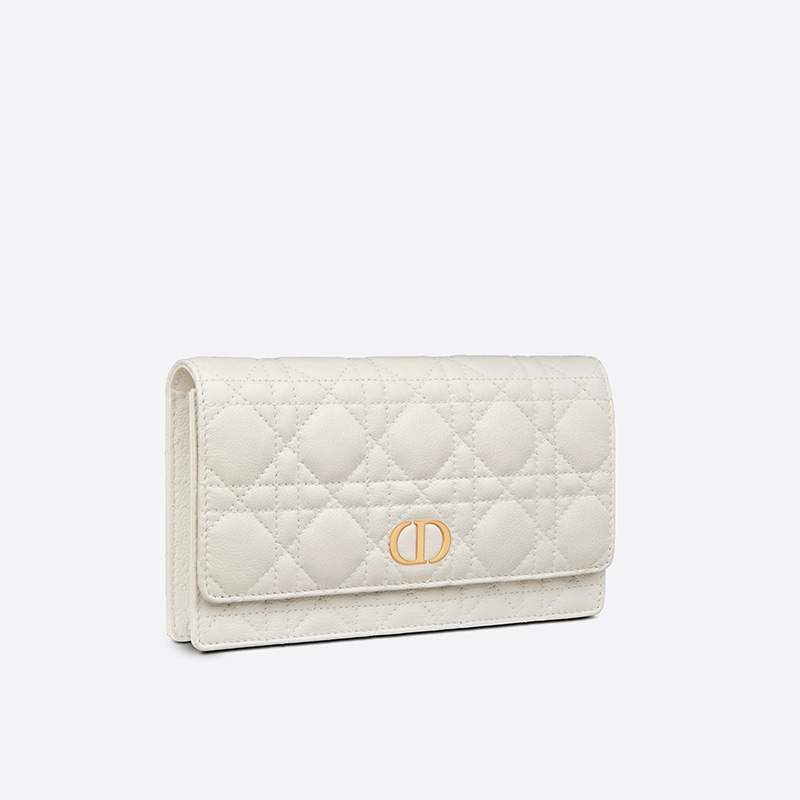 Dior Caro Belt Pouch with Chain Cannage Calfskin White