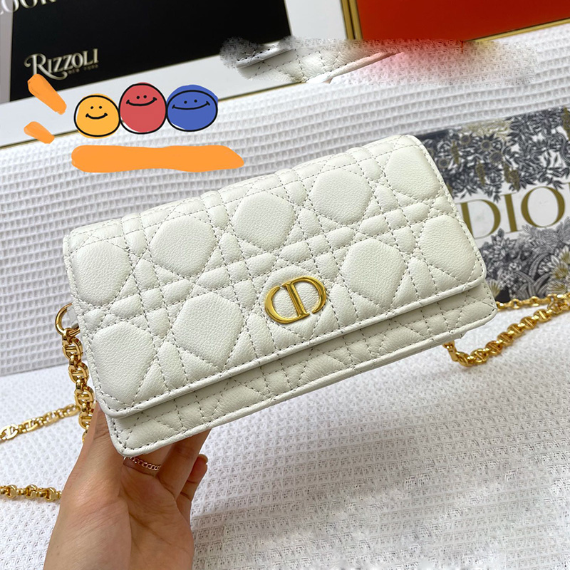 Dior Caro Belt Pouch with Chain Cannage Calfskin White