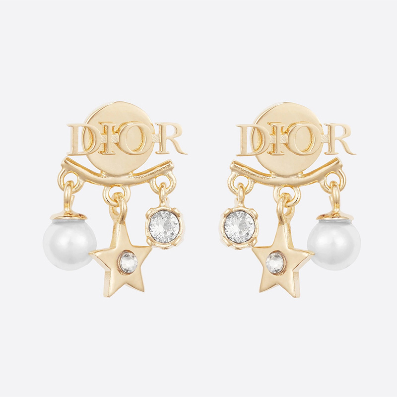 Diorevolution Earrings Metal/ White Resin Pearls And White Crystals Gold