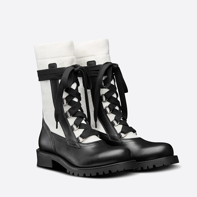 Diorland Lace-up Boots Women Calfskin and Cotton Black/White