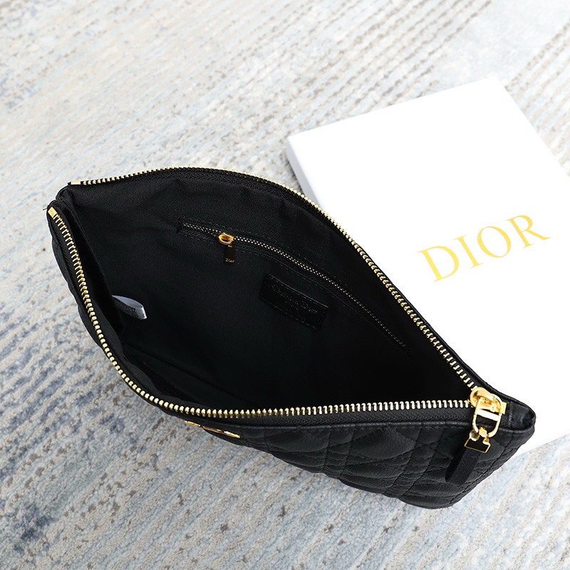 Large Dior Caro Daily Pouch Cannage Calfskin Black